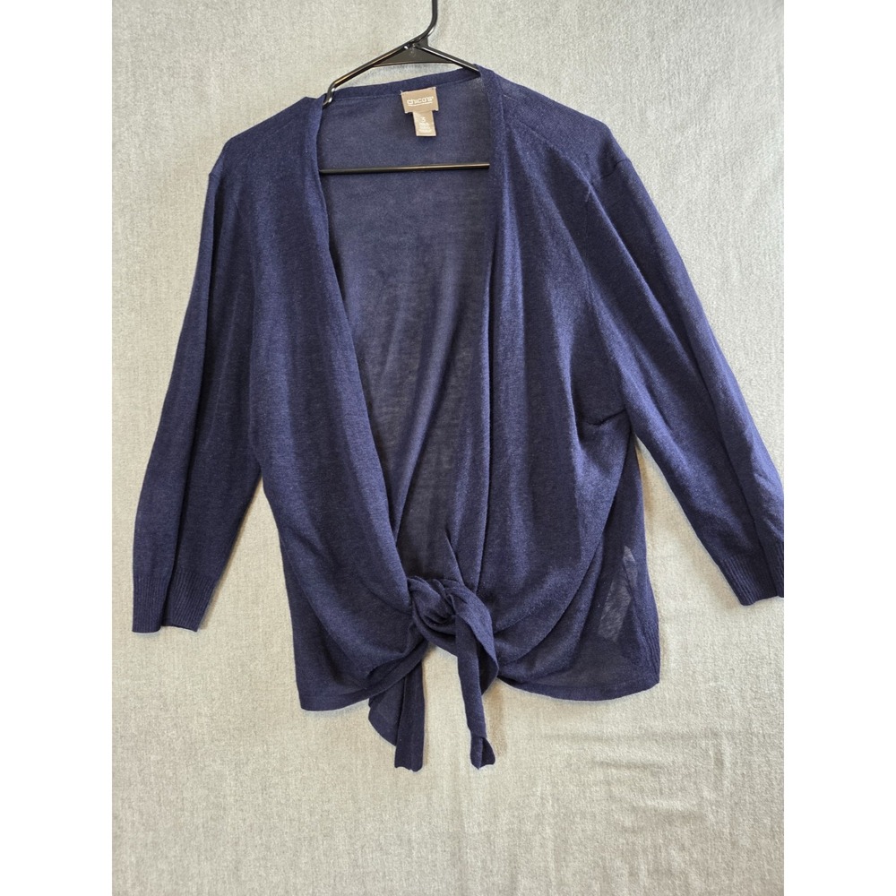 Chicos 3 Navy Blue Knit Open Front Sweater Womens XL Top Tie Front Lightweight
